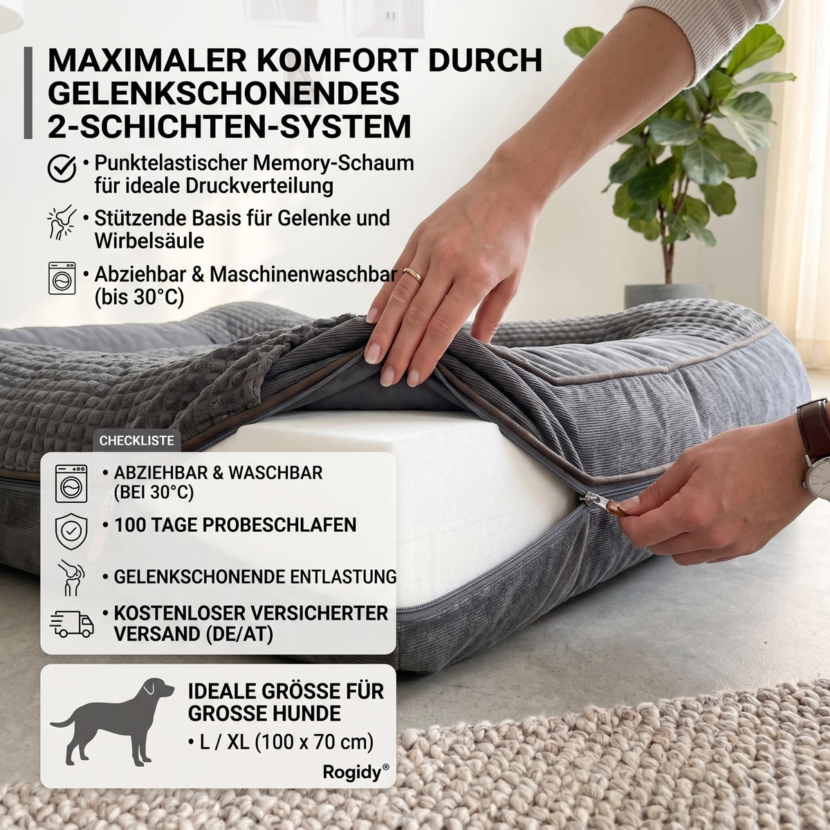 Rogidy® Orthopädisches Hundebett – Gelenkschonend & Waschbar