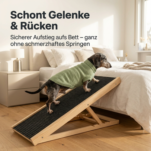 Rogidy™ FlexiStep Verstellbare Haustierrampe aus Massivholz – klappbar für Bett, Sofa & Auto